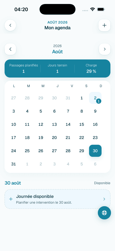 Écran de l’application en développement : l’agenda mensuel, les passages planifiés et une journée disponible.