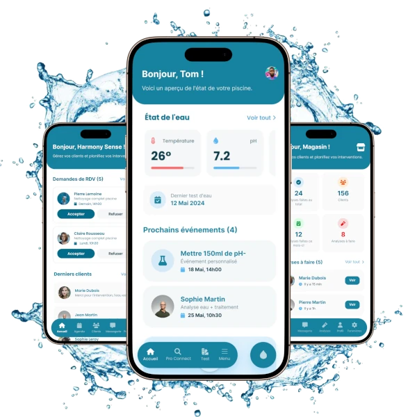 Pool Assistant app interface showing water analysis, calendar, and user profile on modern smartphones